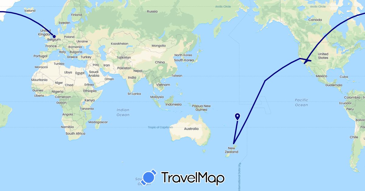TravelMap itinerary: driving in Fiji, Netherlands, New Zealand, United States (Europe, North America, Oceania)